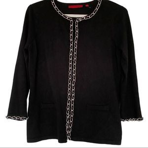 Chain trimmed cartigan in black 3/4 sleeve M VEUC